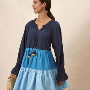 Figue Tiered Colorblock Cotton Bella Mini Dress with Pompoms size Small